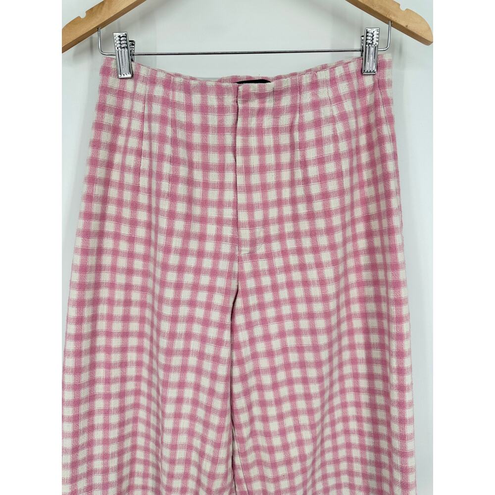 ZARA Full Length Gingham Plaid Wide Leg Pants High Rise Trouser Pink/ White - Picture 6 of 12